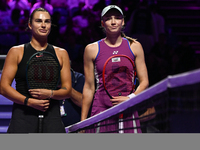 RIYADH, SAUDI ARABIA - NOVEMBER 06: Aryna Sabalenka (L) of Belarus and Elena Rybakina of Kazakhstan, pose for a picture ahead of their match...