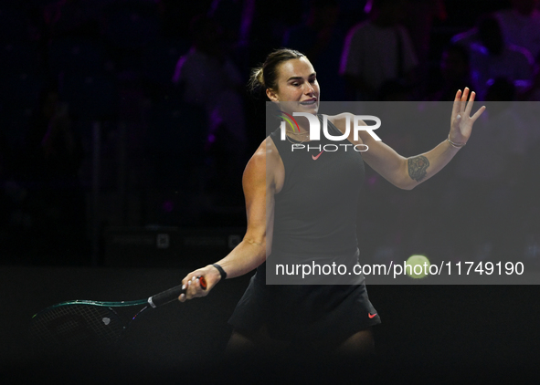 RIYADH, SAUDI ARABIA - NOVEMBER 06: Aryna Sabalenka of Belarus during her match against Elena Rybakina of Kazakhstan, on Day 5 of the 2024 W...