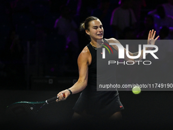 RIYADH, SAUDI ARABIA - NOVEMBER 06: Aryna Sabalenka of Belarus during her match against Elena Rybakina of Kazakhstan, on Day 5 of the 2024 W...