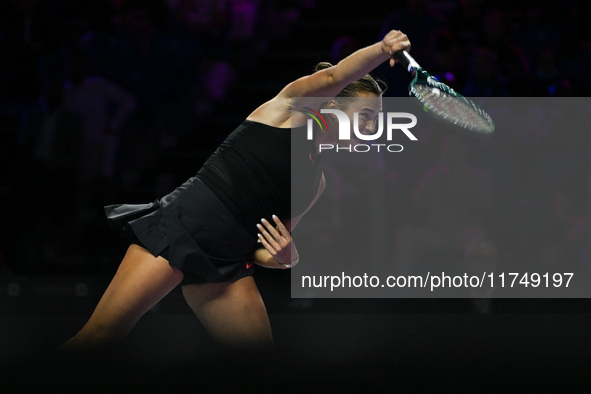 RIYADH, SAUDI ARABIA - NOVEMBER 06: Aryna Sabalenka of Belarus during her match against Elena Rybakina of Kazakhstan, on Day 5 of the 2024 W...