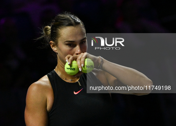 RIYADH, SAUDI ARABIA - NOVEMBER 06: Aryna Sabalenka of Belarus during her match against Elena Rybakina of Kazakhstan, on Day 5 of the 2024 W...