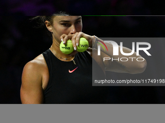 RIYADH, SAUDI ARABIA - NOVEMBER 06: Aryna Sabalenka of Belarus during her match against Elena Rybakina of Kazakhstan, on Day 5 of the 2024 W...