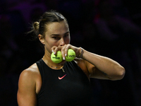 RIYADH, SAUDI ARABIA - NOVEMBER 06: Aryna Sabalenka of Belarus during her match against Elena Rybakina of Kazakhstan, on Day 5 of the 2024 W...