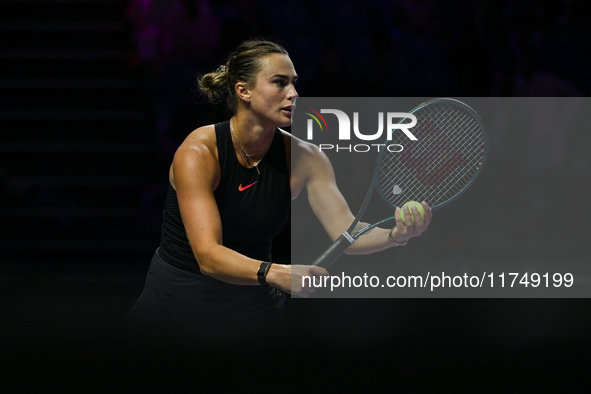 RIYADH, SAUDI ARABIA - NOVEMBER 06: Aryna Sabalenka of Belarus during her match against Elena Rybakina of Kazakhstan, on Day 5 of the 2024 W...