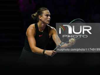 RIYADH, SAUDI ARABIA - NOVEMBER 06: Aryna Sabalenka of Belarus during her match against Elena Rybakina of Kazakhstan, on Day 5 of the 2024 W...