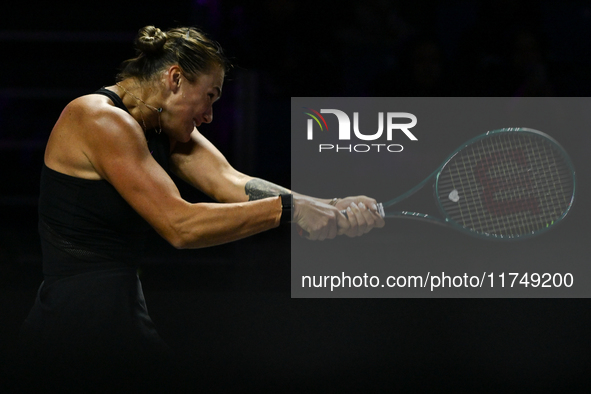 RIYADH, SAUDI ARABIA - NOVEMBER 06: Aryna Sabalenka of Belarus during her match against Elena Rybakina of Kazakhstan, on Day 5 of the 2024 W...