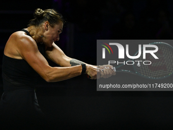 RIYADH, SAUDI ARABIA - NOVEMBER 06: Aryna Sabalenka of Belarus during her match against Elena Rybakina of Kazakhstan, on Day 5 of the 2024 W...