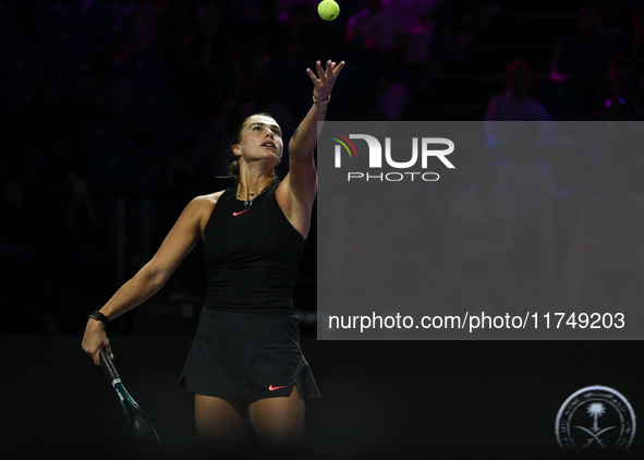 RIYADH, SAUDI ARABIA - NOVEMBER 06: Aryna Sabalenka of Belarus during her match against Elena Rybakina of Kazakhstan, on Day 5 of the 2024 W...