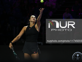 RIYADH, SAUDI ARABIA - NOVEMBER 06: Aryna Sabalenka of Belarus during her match against Elena Rybakina of Kazakhstan, on Day 5 of the 2024 W...