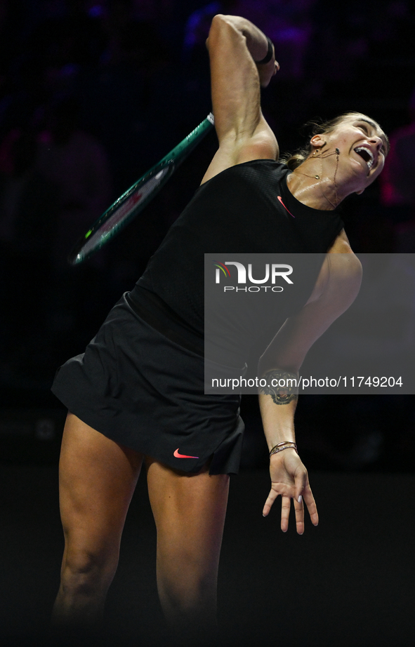 RIYADH, SAUDI ARABIA - NOVEMBER 06: Aryna Sabalenka of Belarus during her match against Elena Rybakina of Kazakhstan, on Day 5 of the 2024 W...