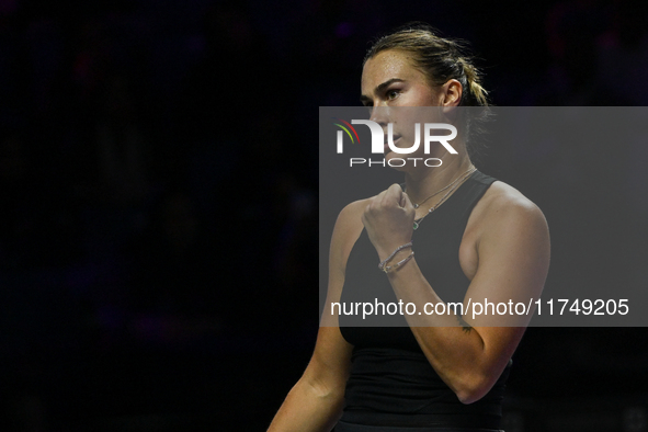 RIYADH, SAUDI ARABIA - NOVEMBER 06: Aryna Sabalenka of Belarus during her match against Elena Rybakina of Kazakhstan, on Day 5 of the 2024 W...