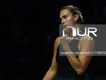 RIYADH, SAUDI ARABIA - NOVEMBER 06: Aryna Sabalenka of Belarus during her match against Elena Rybakina of Kazakhstan, on Day 5 of the 2024 W...