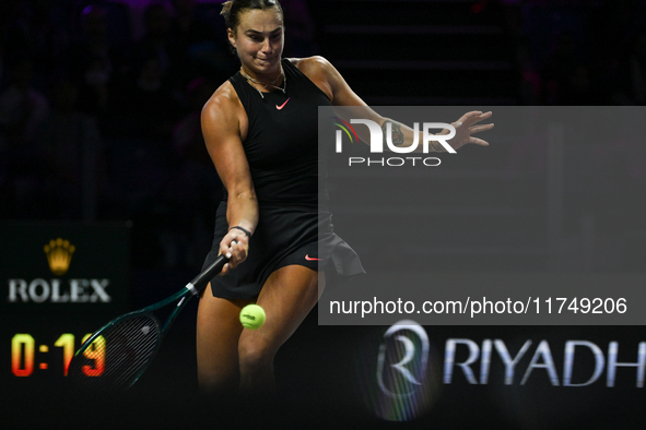 RIYADH, SAUDI ARABIA - NOVEMBER 06: Aryna Sabalenka of Belarus during her match against Elena Rybakina of Kazakhstan, on Day 5 of the 2024 W...