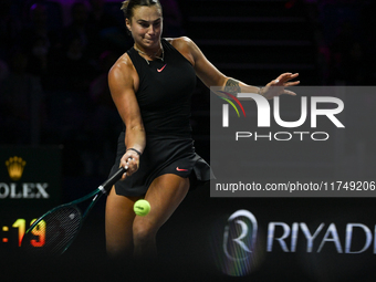 RIYADH, SAUDI ARABIA - NOVEMBER 06: Aryna Sabalenka of Belarus during her match against Elena Rybakina of Kazakhstan, on Day 5 of the 2024 W...