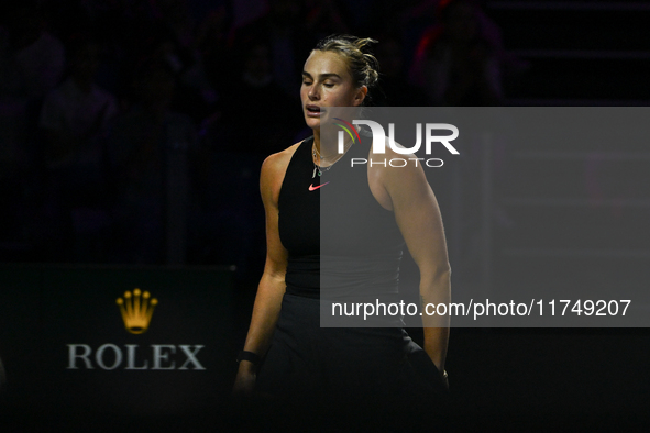 RIYADH, SAUDI ARABIA - NOVEMBER 06: Aryna Sabalenka of Belarus during her match against Elena Rybakina of Kazakhstan, on Day 5 of the 2024 W...