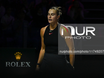 RIYADH, SAUDI ARABIA - NOVEMBER 06: Aryna Sabalenka of Belarus during her match against Elena Rybakina of Kazakhstan, on Day 5 of the 2024 W...