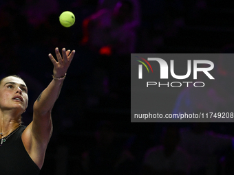 RIYADH, SAUDI ARABIA - NOVEMBER 06: Aryna Sabalenka of Belarus during her match against Elena Rybakina of Kazakhstan, on Day 5 of the 2024 W...