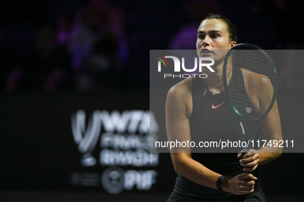 RIYADH, SAUDI ARABIA - NOVEMBER 06: Aryna Sabalenka of Belarus during her match against Elena Rybakina of Kazakhstan, on Day 5 of the 2024 W...