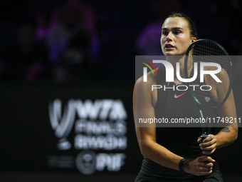 RIYADH, SAUDI ARABIA - NOVEMBER 06: Aryna Sabalenka of Belarus during her match against Elena Rybakina of Kazakhstan, on Day 5 of the 2024 W...