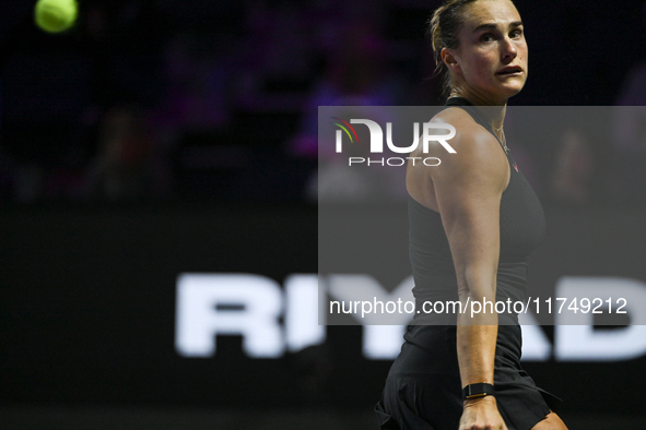 RIYADH, SAUDI ARABIA - NOVEMBER 06: Aryna Sabalenka of Belarus during her match against Elena Rybakina of Kazakhstan, on Day 5 of the 2024 W...