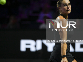 RIYADH, SAUDI ARABIA - NOVEMBER 06: Aryna Sabalenka of Belarus during her match against Elena Rybakina of Kazakhstan, on Day 5 of the 2024 W...