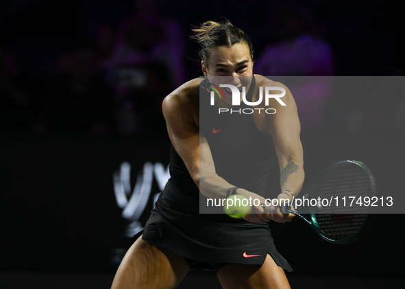 RIYADH, SAUDI ARABIA - NOVEMBER 06: Aryna Sabalenka of Belarus during her match against Elena Rybakina of Kazakhstan, on Day 5 of the 2024 W...