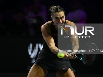 RIYADH, SAUDI ARABIA - NOVEMBER 06: Aryna Sabalenka of Belarus during her match against Elena Rybakina of Kazakhstan, on Day 5 of the 2024 W...