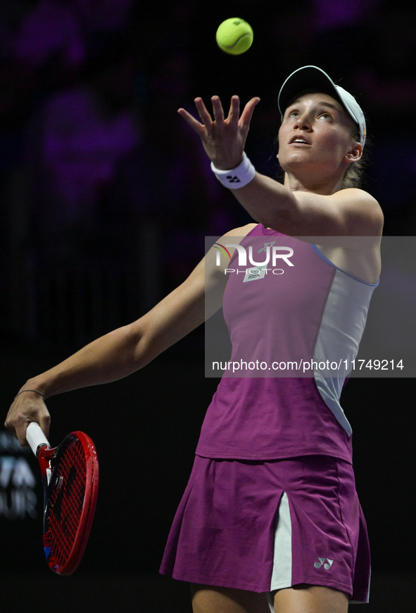 RIYADH, SAUDI ARABIA - NOVEMBER 06: Elena Rybakina of Kazakhstan during her match against Aryna Sabalenka of Belarus, on Day 5 of the 2024 W...