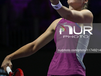 RIYADH, SAUDI ARABIA - NOVEMBER 06: Elena Rybakina of Kazakhstan during her match against Aryna Sabalenka of Belarus, on Day 5 of the 2024 W...