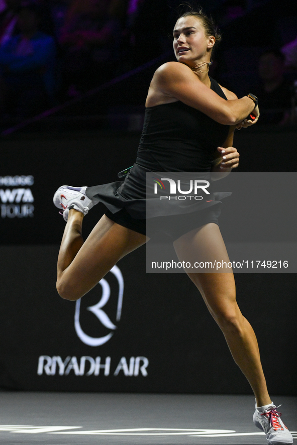 RIYADH, SAUDI ARABIA - NOVEMBER 06: Aryna Sabalenka of Belarus during her match against Elena Rybakina of Kazakhstan, on Day 5 of the 2024 W...