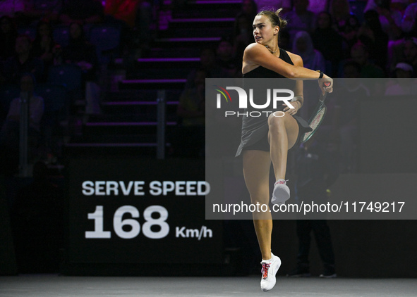 RIYADH, SAUDI ARABIA - NOVEMBER 06: Aryna Sabalenka of Belarus during her match against Elena Rybakina of Kazakhstan, on Day 5 of the 2024 W...