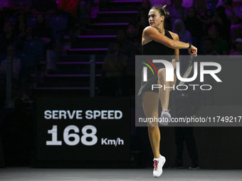 RIYADH, SAUDI ARABIA - NOVEMBER 06: Aryna Sabalenka of Belarus during her match against Elena Rybakina of Kazakhstan, on Day 5 of the 2024 W...