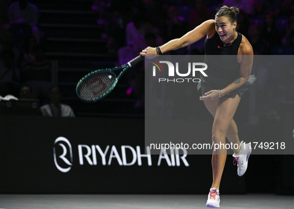 RIYADH, SAUDI ARABIA - NOVEMBER 06: Aryna Sabalenka of Belarus during her match against Elena Rybakina of Kazakhstan, on Day 5 of the 2024 W...