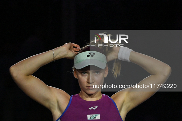 RIYADH, SAUDI ARABIA - NOVEMBER 06: Elena Rybakina of Kazakhstan during her match against Aryna Sabalenka of Belarus, on Day 5 of the 2024 W...