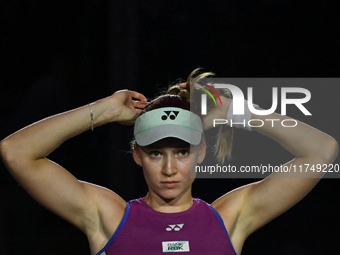 RIYADH, SAUDI ARABIA - NOVEMBER 06: Elena Rybakina of Kazakhstan during her match against Aryna Sabalenka of Belarus, on Day 5 of the 2024 W...