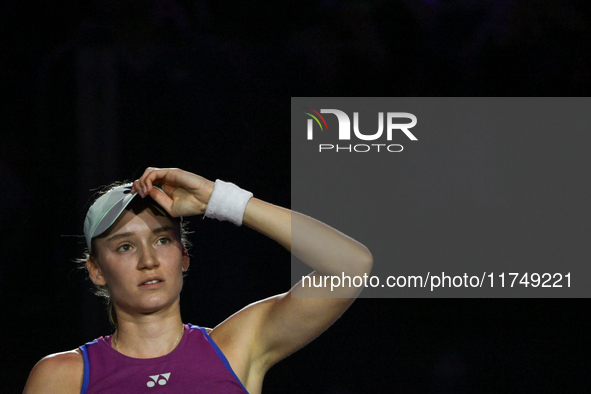 RIYADH, SAUDI ARABIA - NOVEMBER 06: Elena Rybakina of Kazakhstan during her match against Aryna Sabalenka of Belarus, on Day 5 of the 2024 W...