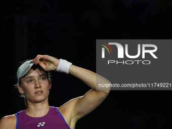 RIYADH, SAUDI ARABIA - NOVEMBER 06: Elena Rybakina of Kazakhstan during her match against Aryna Sabalenka of Belarus, on Day 5 of the 2024 W...