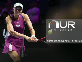 RIYADH, SAUDI ARABIA - NOVEMBER 06: Elena Rybakina of Kazakhstan during her match against Aryna Sabalenka of Belarus, on Day 5 of the 2024 W...