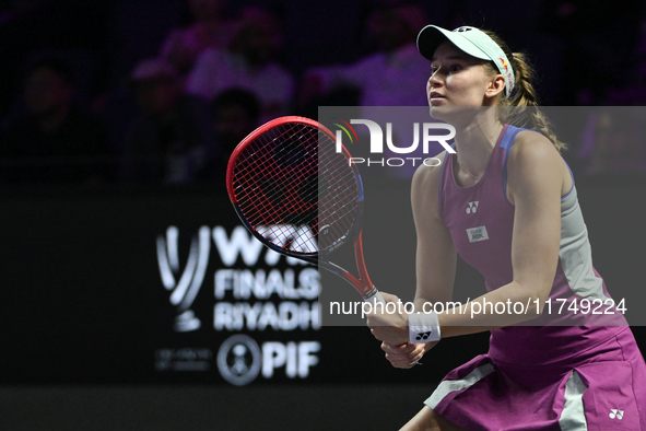 RIYADH, SAUDI ARABIA - NOVEMBER 06: Elena Rybakina of Kazakhstan during her match against Aryna Sabalenka of Belarus, on Day 5 of the 2024 W...