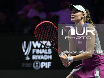 RIYADH, SAUDI ARABIA - NOVEMBER 06: Elena Rybakina of Kazakhstan during her match against Aryna Sabalenka of Belarus, on Day 5 of the 2024 W...