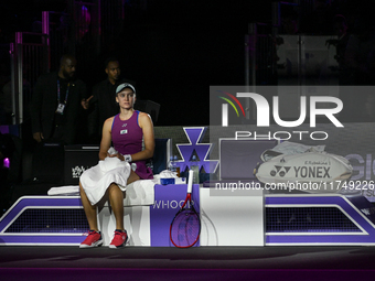 RIYADH, SAUDI ARABIA - NOVEMBER 06: Elena Rybakina of Kazakhstan during her match against Aryna Sabalenka of Belarus, on Day 5 of the 2024 W...