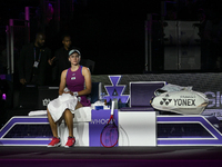 RIYADH, SAUDI ARABIA - NOVEMBER 06: Elena Rybakina of Kazakhstan during her match against Aryna Sabalenka of Belarus, on Day 5 of the 2024 W...