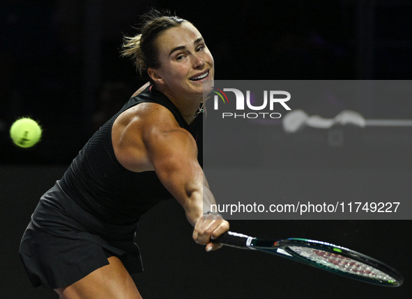 RIYADH, SAUDI ARABIA - NOVEMBER 06: Aryna Sabalenka of Belarus during her match against Elena Rybakina of Kazakhstan, on Day 5 of the 2024 W...