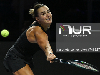 RIYADH, SAUDI ARABIA - NOVEMBER 06: Aryna Sabalenka of Belarus during her match against Elena Rybakina of Kazakhstan, on Day 5 of the 2024 W...