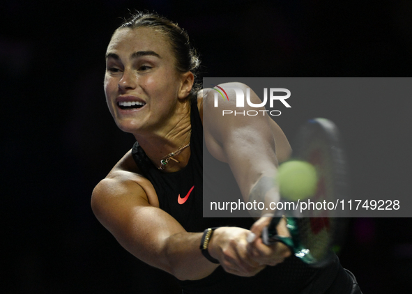 RIYADH, SAUDI ARABIA - NOVEMBER 06: Aryna Sabalenka of Belarus during her match against Elena Rybakina of Kazakhstan, on Day 5 of the 2024 W...