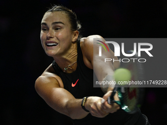 RIYADH, SAUDI ARABIA - NOVEMBER 06: Aryna Sabalenka of Belarus during her match against Elena Rybakina of Kazakhstan, on Day 5 of the 2024 W...