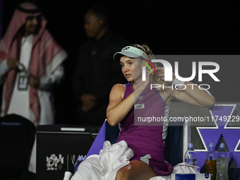 RIYADH, SAUDI ARABIA - NOVEMBER 06: Elena Rybakina of Kazakhstan during her match against Aryna Sabalenka of Belarus, on Day 5 of the 2024 W...