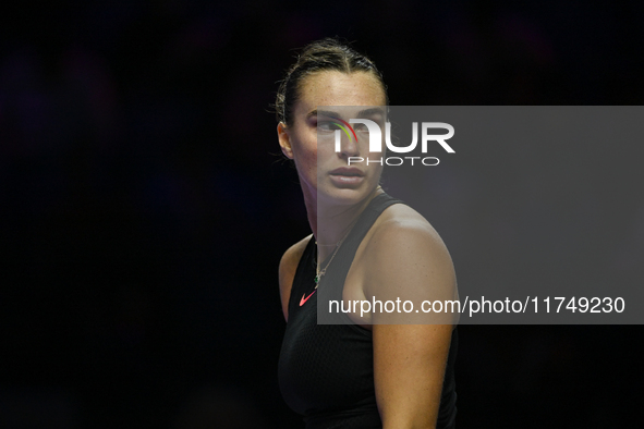 RIYADH, SAUDI ARABIA - NOVEMBER 06: Aryna Sabalenka of Belarus during her match against Elena Rybakina of Kazakhstan, on Day 5 of the 2024 W...