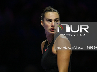 RIYADH, SAUDI ARABIA - NOVEMBER 06: Aryna Sabalenka of Belarus during her match against Elena Rybakina of Kazakhstan, on Day 5 of the 2024 W...