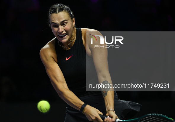 RIYADH, SAUDI ARABIA - NOVEMBER 06: Aryna Sabalenka of Belarus during her match against Elena Rybakina of Kazakhstan, on Day 5 of the 2024 W...